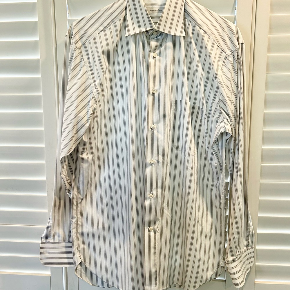 Ermenegildo Zegna Blue And Gray Taupe White Striped Dress Shirt Size 41 Neck 16